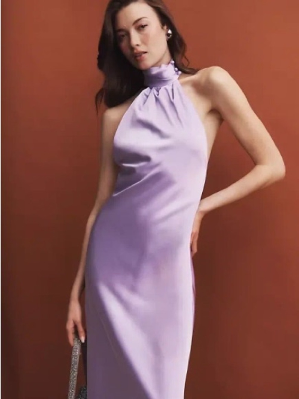 One-Shoulder Lavender Satin Dress with High Neck